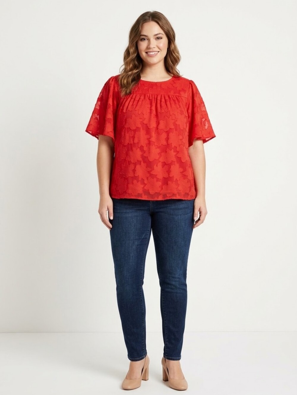 Women's Red Lace Flutter-Sleeve Top